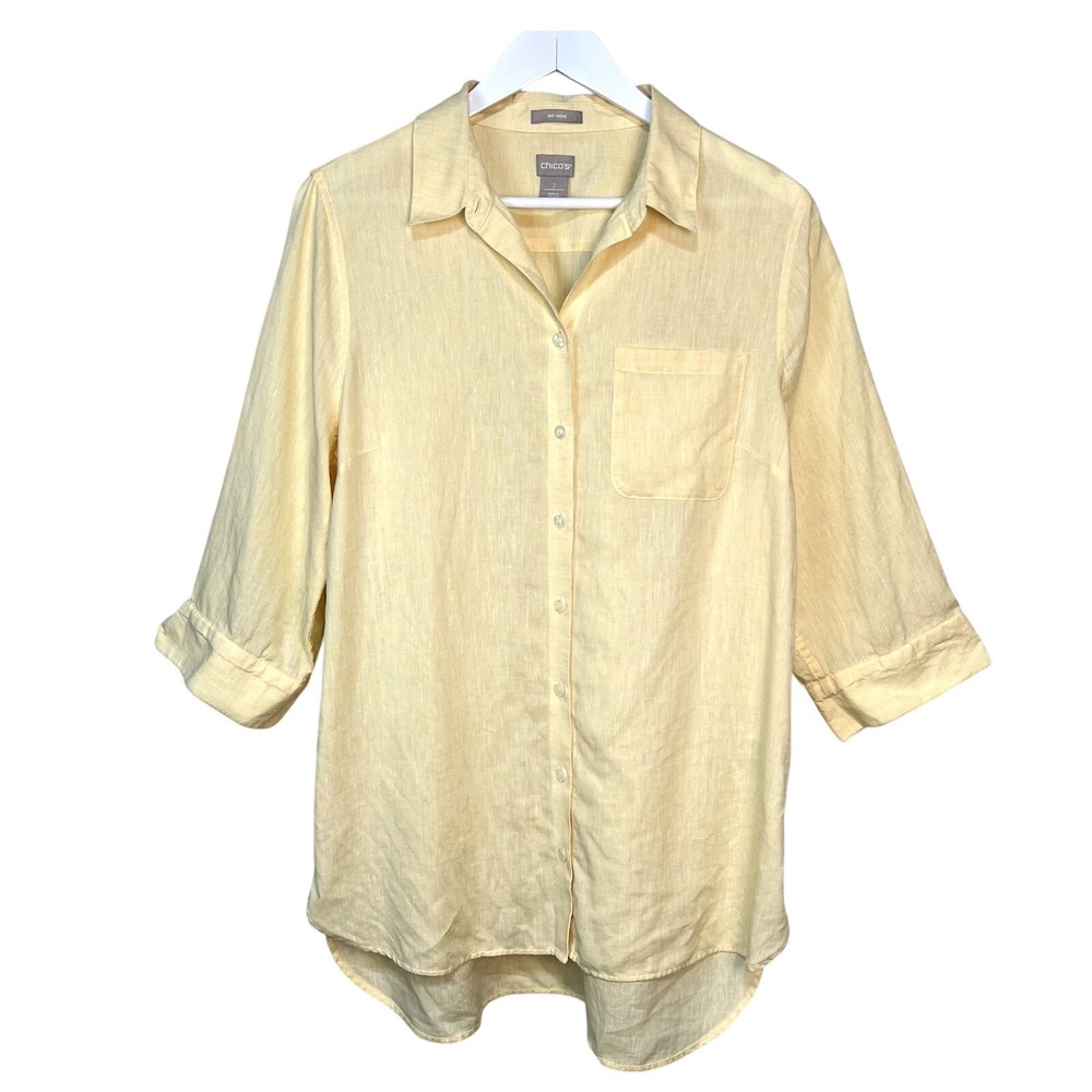 CHICOS Yellow NO IRON 100% Linen Hi Lo Tunic Top Size 2 12-14 3/4 Sleeve Buttons